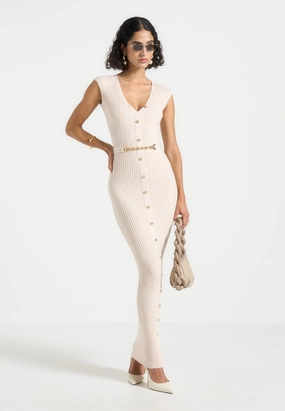 Date Vibe Cinched-Waist Helene - Knitted Midaxi Dress with Belt - Beige