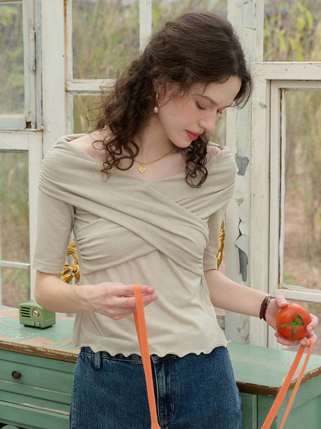 (Add-on Item) Rylie Solid Color Off The Shoulder Knitted Top Reflective Trims Fashion Statement