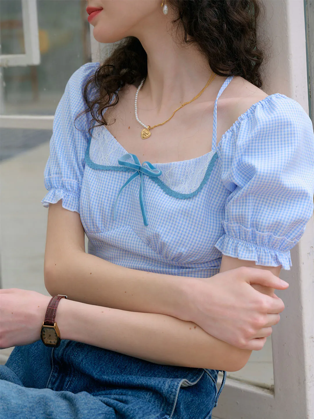 WaterResistantCoating ??Final Sale??Sylvie Tie Square Neck Contrasting Lace Bow Puff Sleeves Trim Plaid Blouse