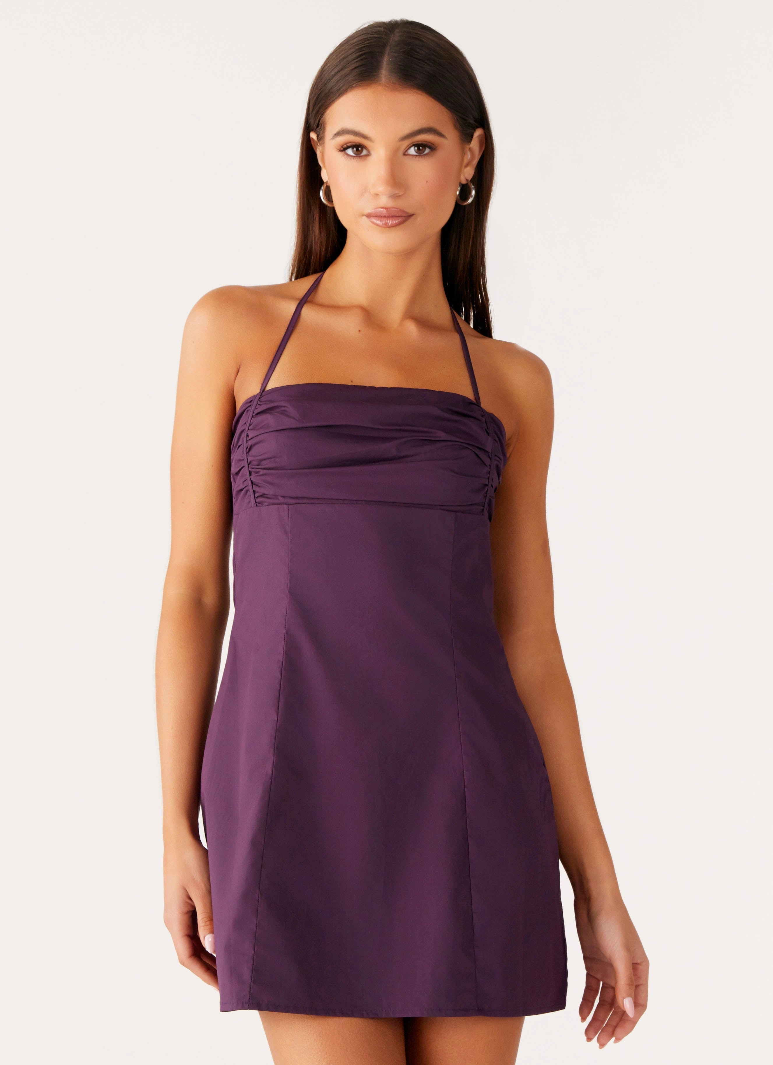 Balloon-Sleeve V-Neck Sonique Mini Dress - Plum