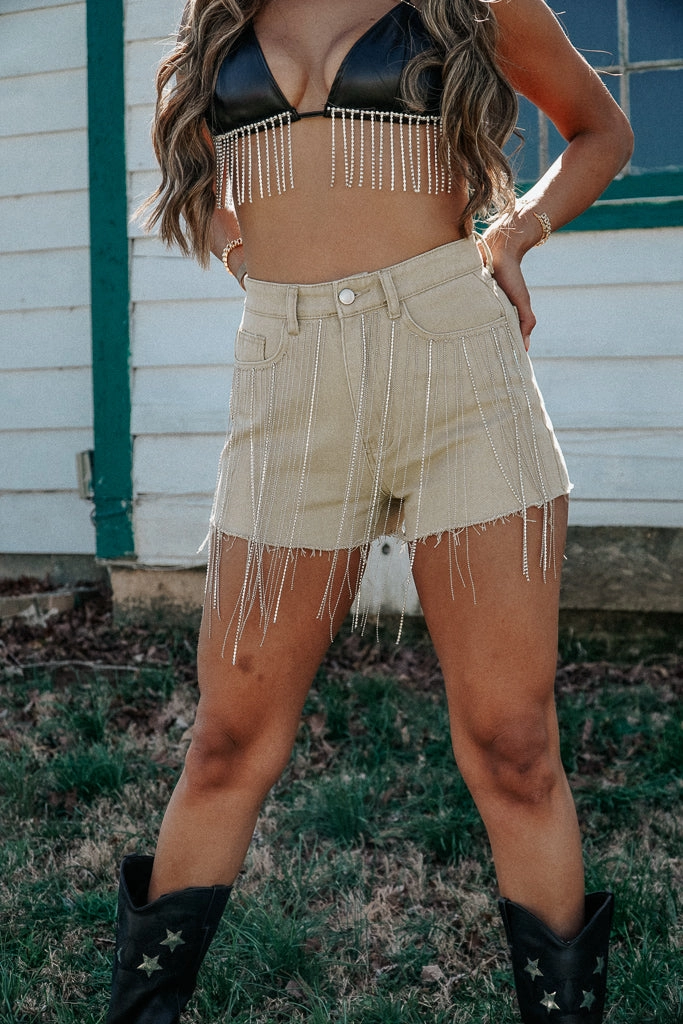 Laser Cut Edges Zero Waste Pattern Design Wild West Rhinestone Fringe Shorts- Tan