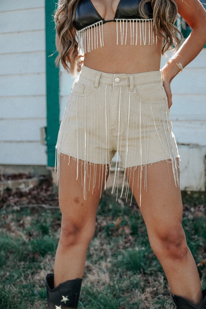 Wild West Rhinestone Fringe Shorts- Tan Leather shorts