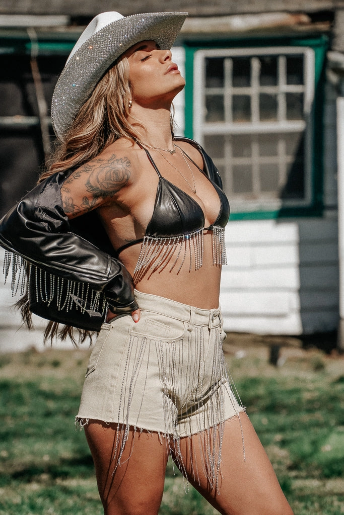 Travel Outfit Student Outfit Lightweight easy move Wild West Rhinestone Fringe Shorts- Tan