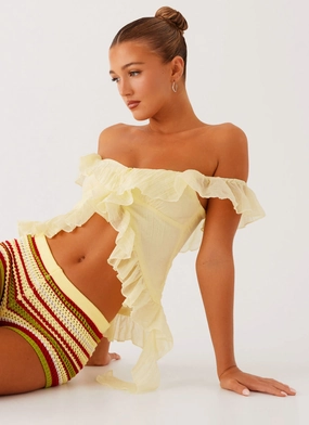 BoxySilhouette Flatlock Seam Dylan Off Shoulder Top - Yellow