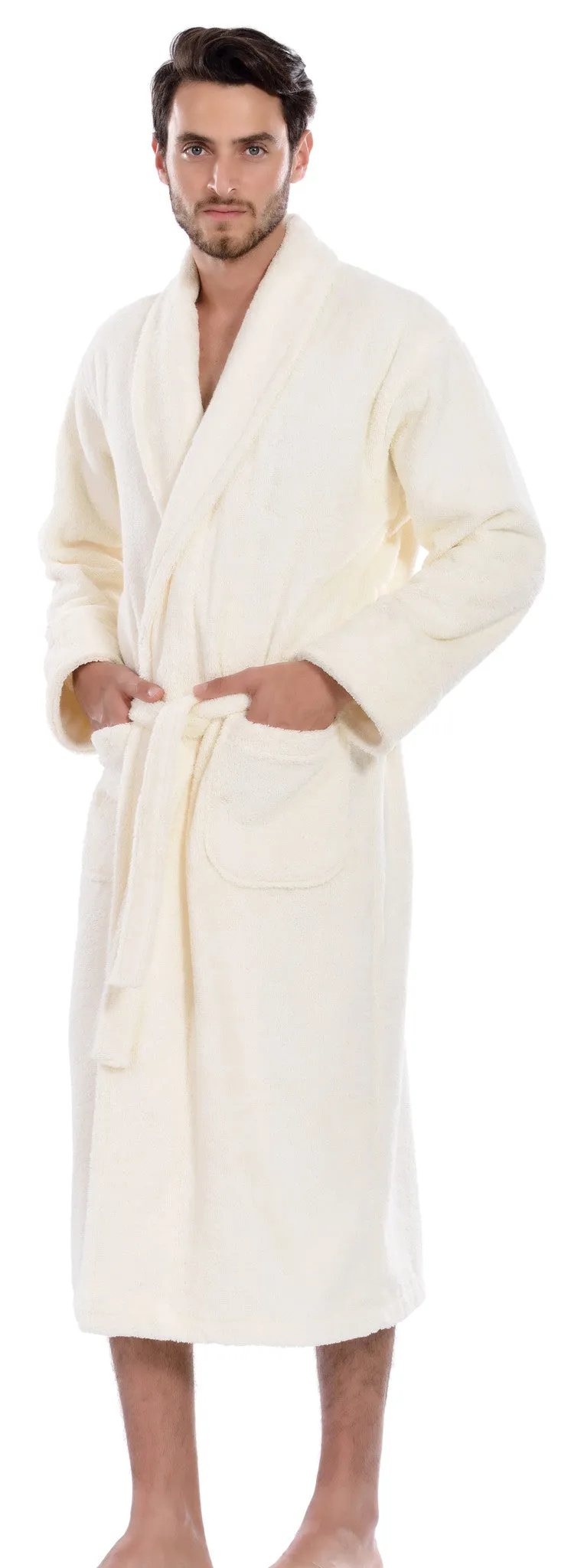 Hiera Home 100% Premium Turkish Cotton Men's Terry Bathrobe, Ivory, OSFM