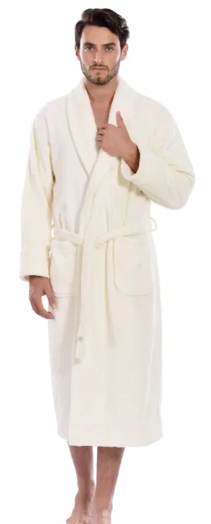Hiera Home 100% Premium Turkish Cotton Men's Terry Bathrobe, Ivory, OSFM
