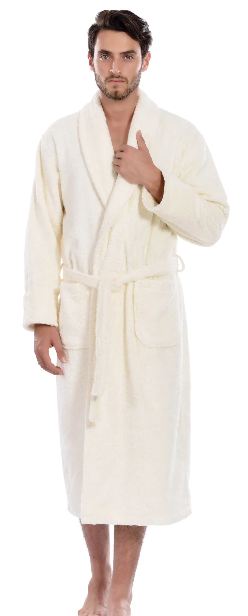Hiera Home 100% Premium Turkish Cotton Men's Terry Bathrobe, Ivory, OSFM