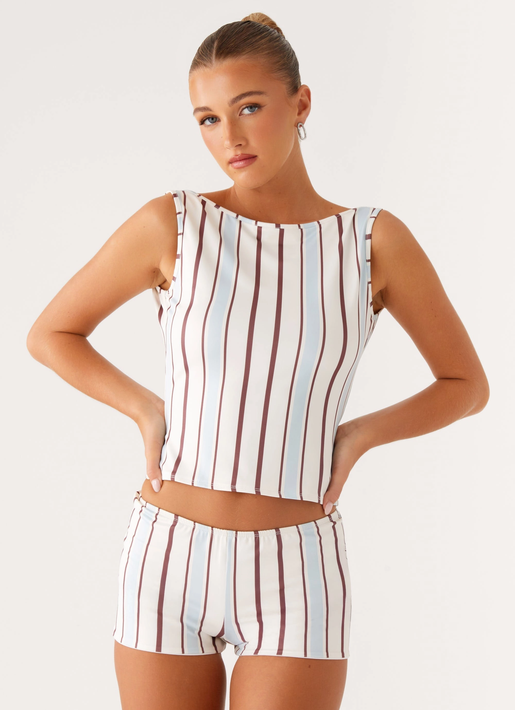 Sun's Out Low Rise Mini Shorts - Blue Stripe Airflow Weave Pattern BioBased Fiber