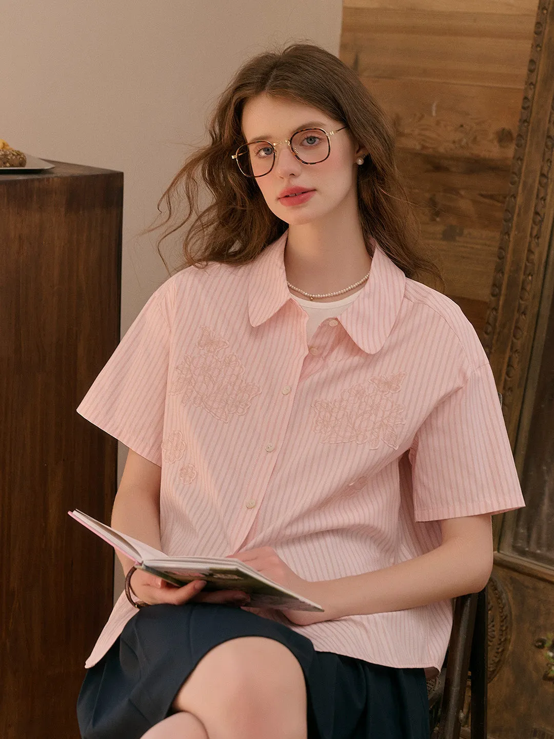 Eden Lapel Embroidery Striped Top BreathableFabric