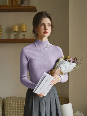 Erin 100% Wool Simple Mock Neck Slim Fit Sweater - Purple ReflectiveTrimDetails Reversible Layering Tech