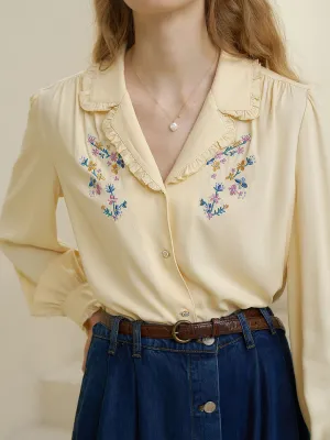 Modern Silhouette ??Final Sale??Convallaria Floral Embroidered Light Yellow Puff Top