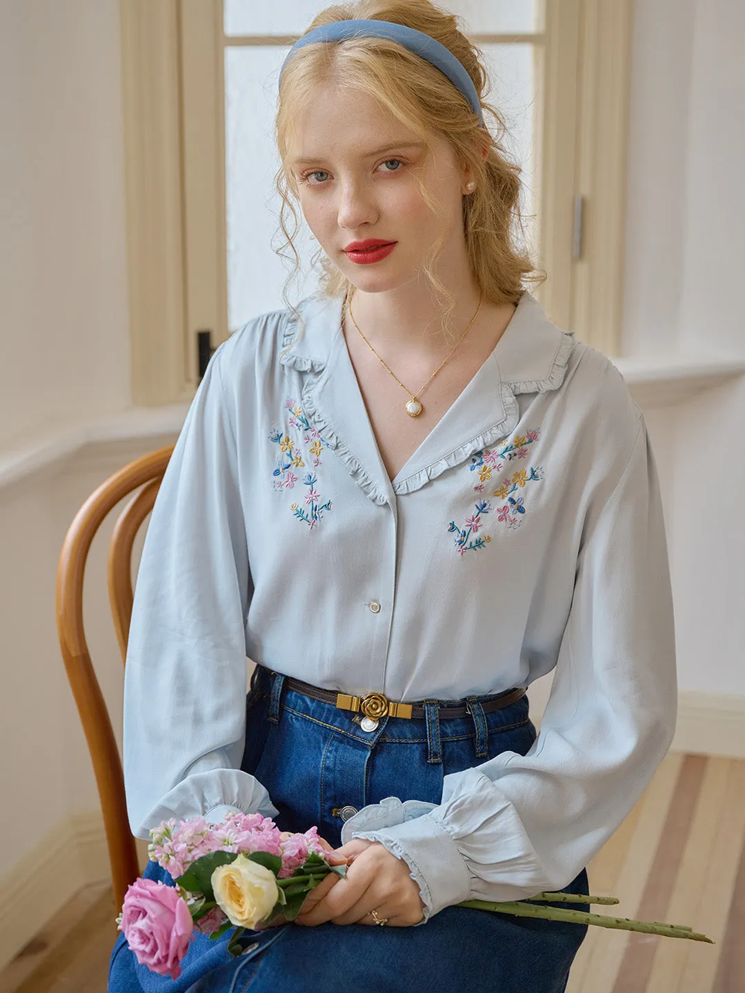 BreathableBack ??Final Sale??Convallaria Floral Embroidered Light Yellow Puff Top