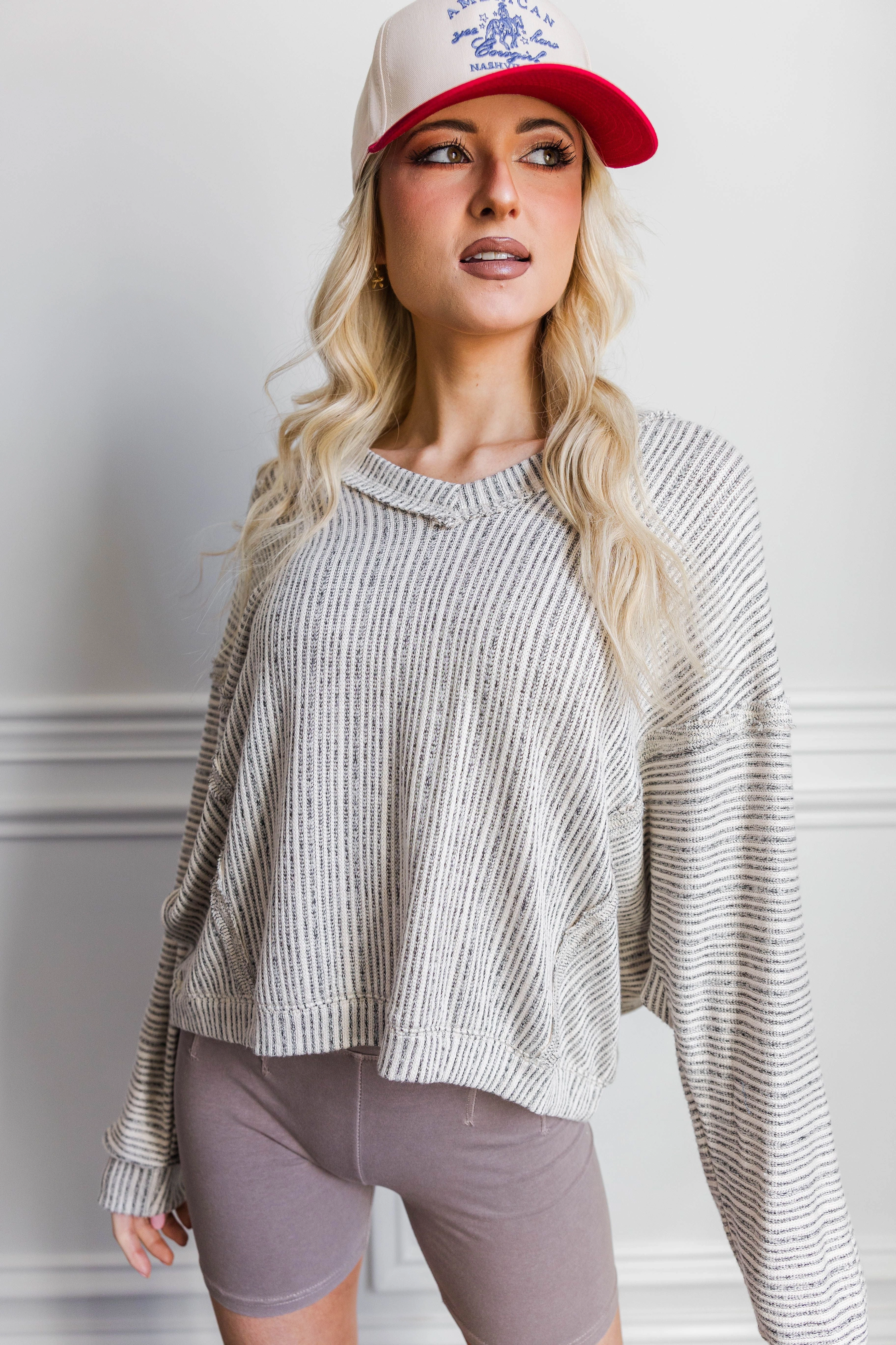 Overlock Edging Hillsboro V Neck Sweater- Ivory