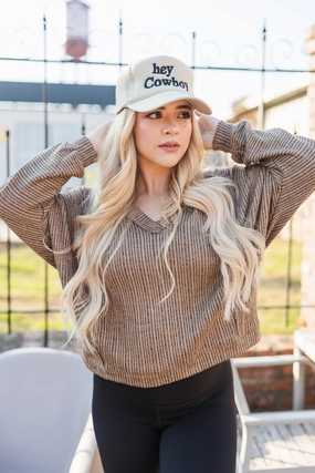 Hillsboro V Neck Sweater- Tan Double Layered Design Thermal Lined Cuffs