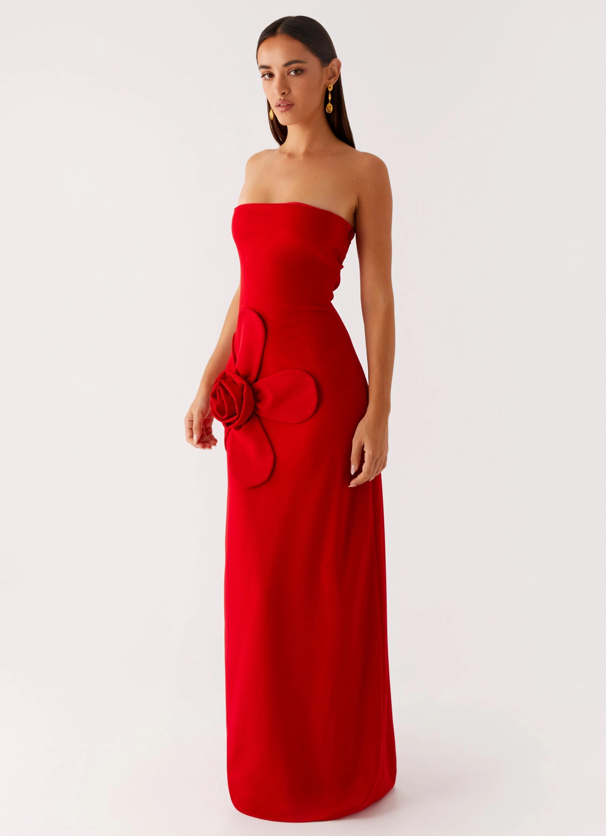 Hilton Strapless Maxi Dress - Red Satin Fabric