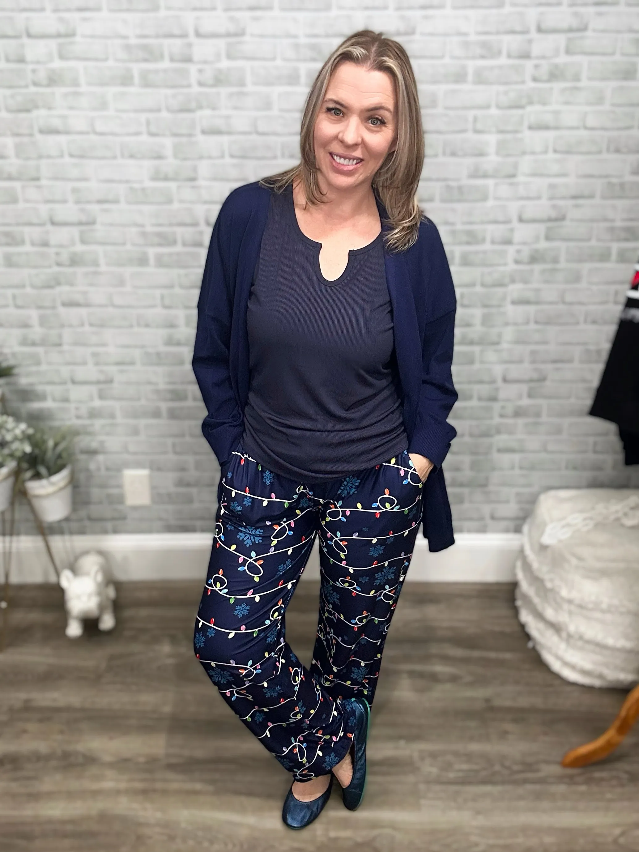 Holiday Lights Wide Leg Lounge Pants with Pockets