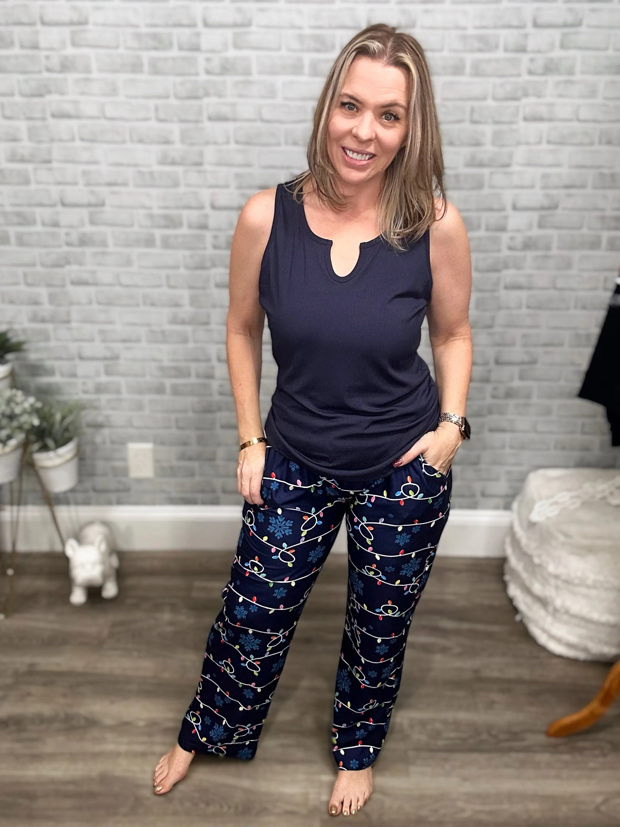 Holiday Lights Wide Leg Lounge Pants with Pockets