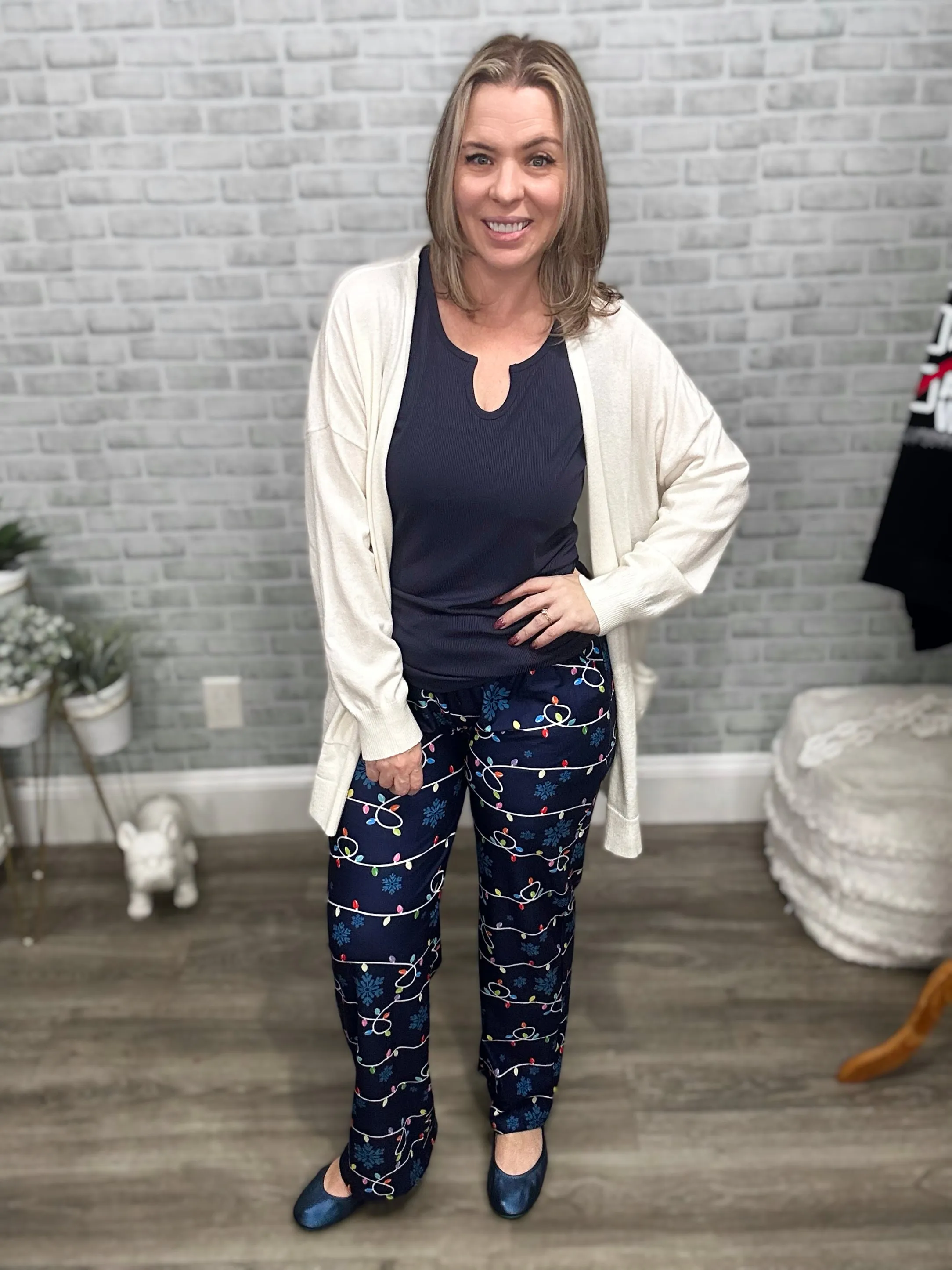 Holiday Lights Wide Leg Lounge Pants with Pockets