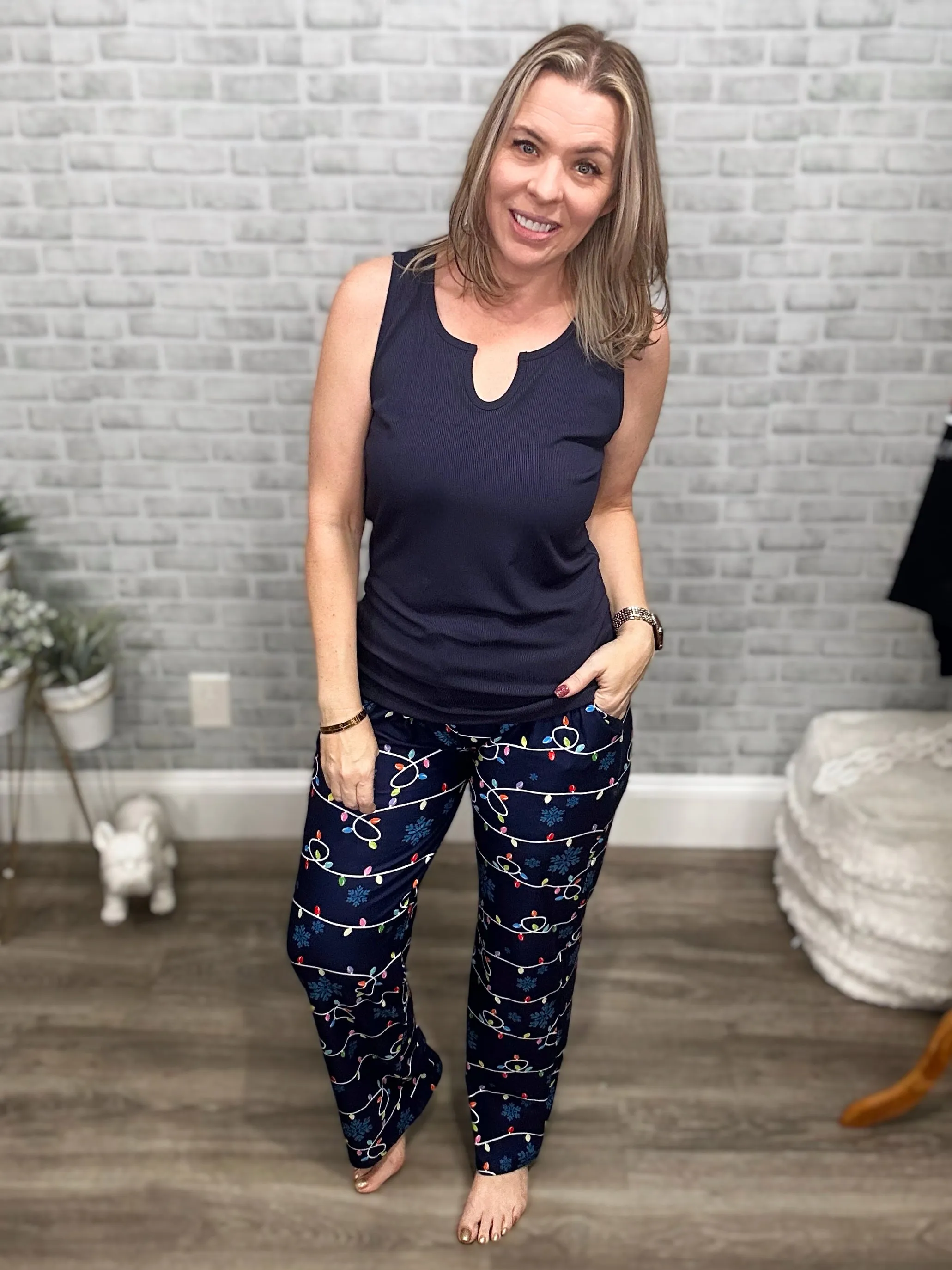 Holiday Lights Wide Leg Lounge Pants with Pockets