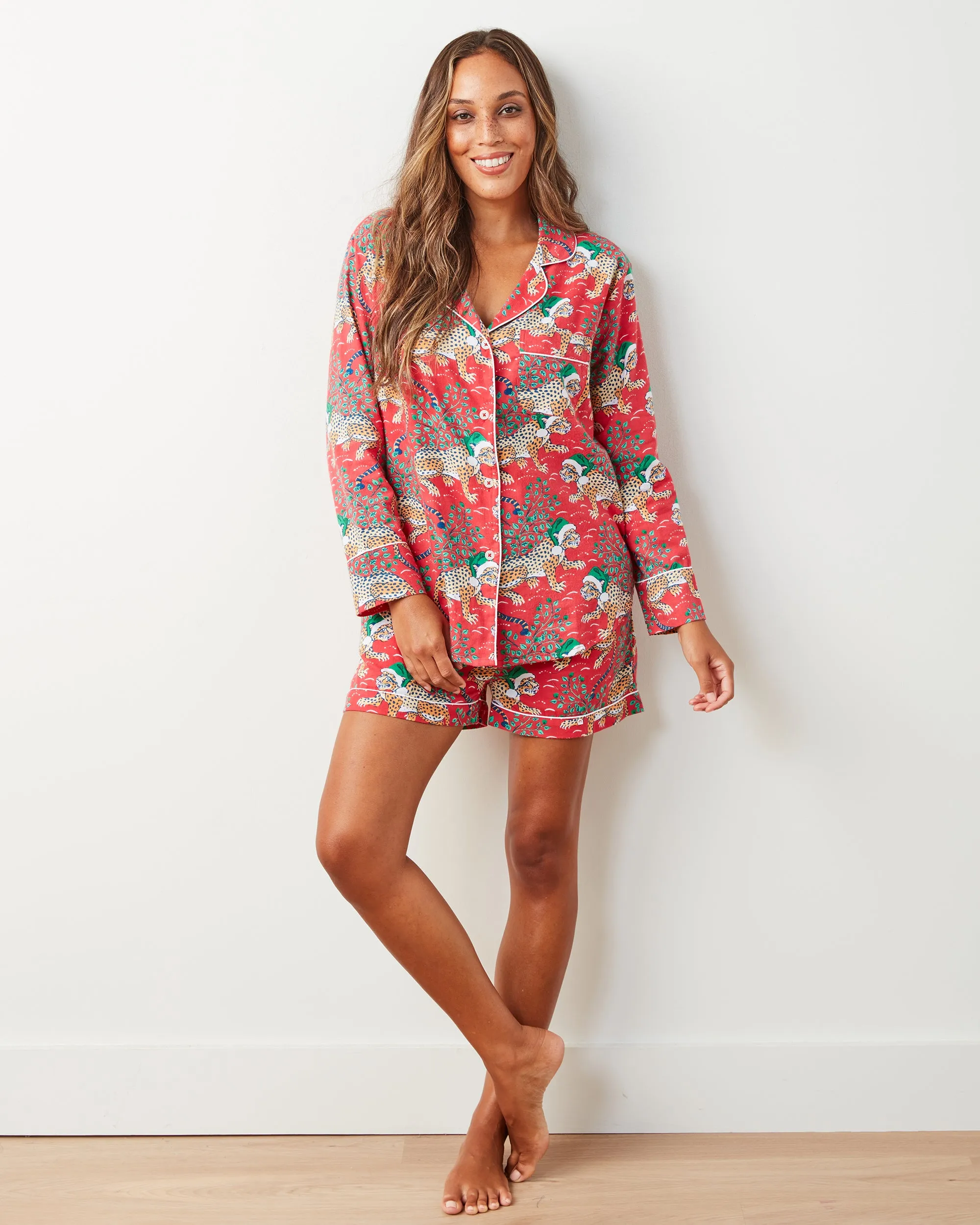 Holly Jolly Bagheera - Lightweight Flannel Long Sleeve Top & Shorts Set - Ruby