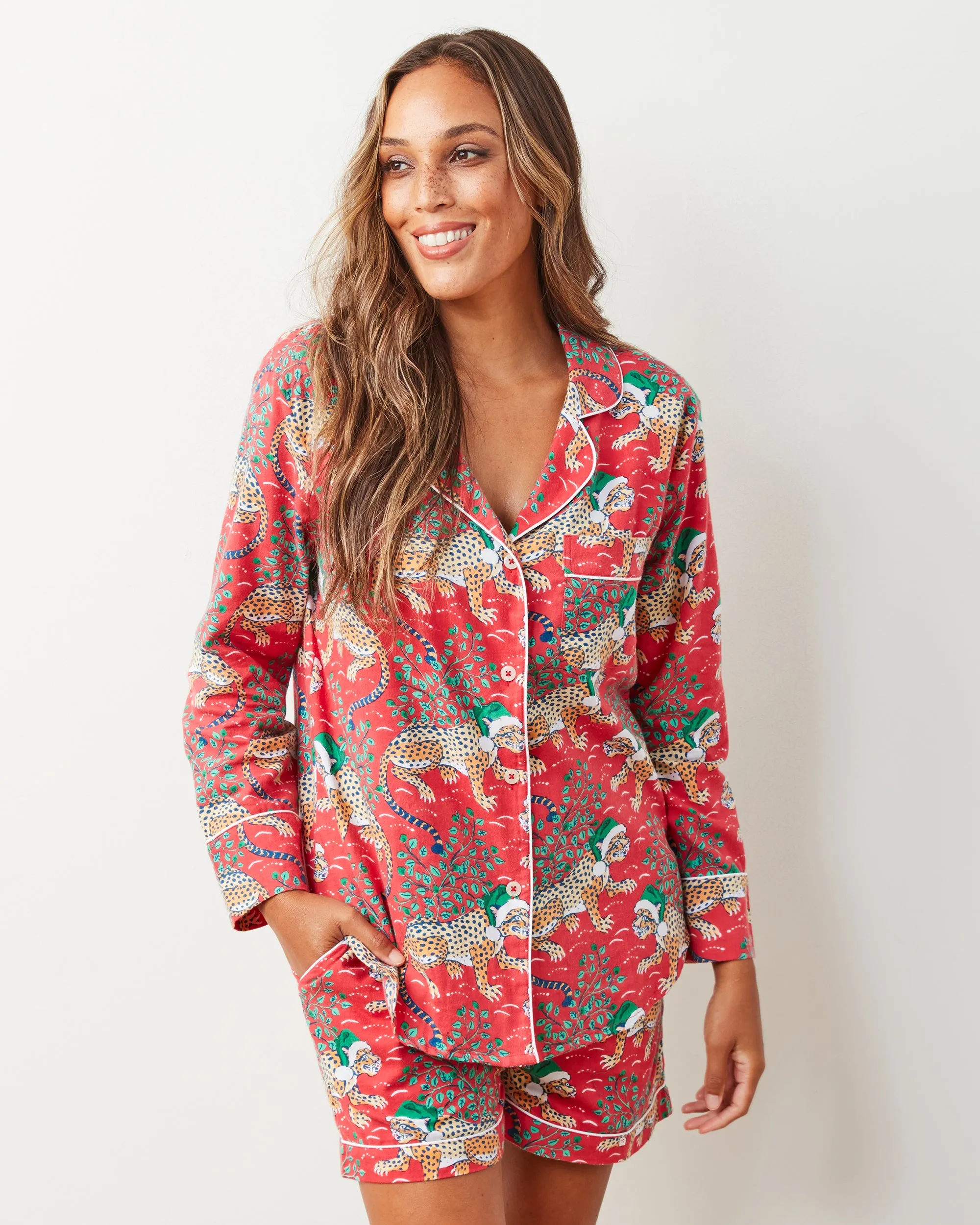 Holly Jolly Bagheera - Lightweight Flannel Long Sleeve Top & Shorts Set - Ruby