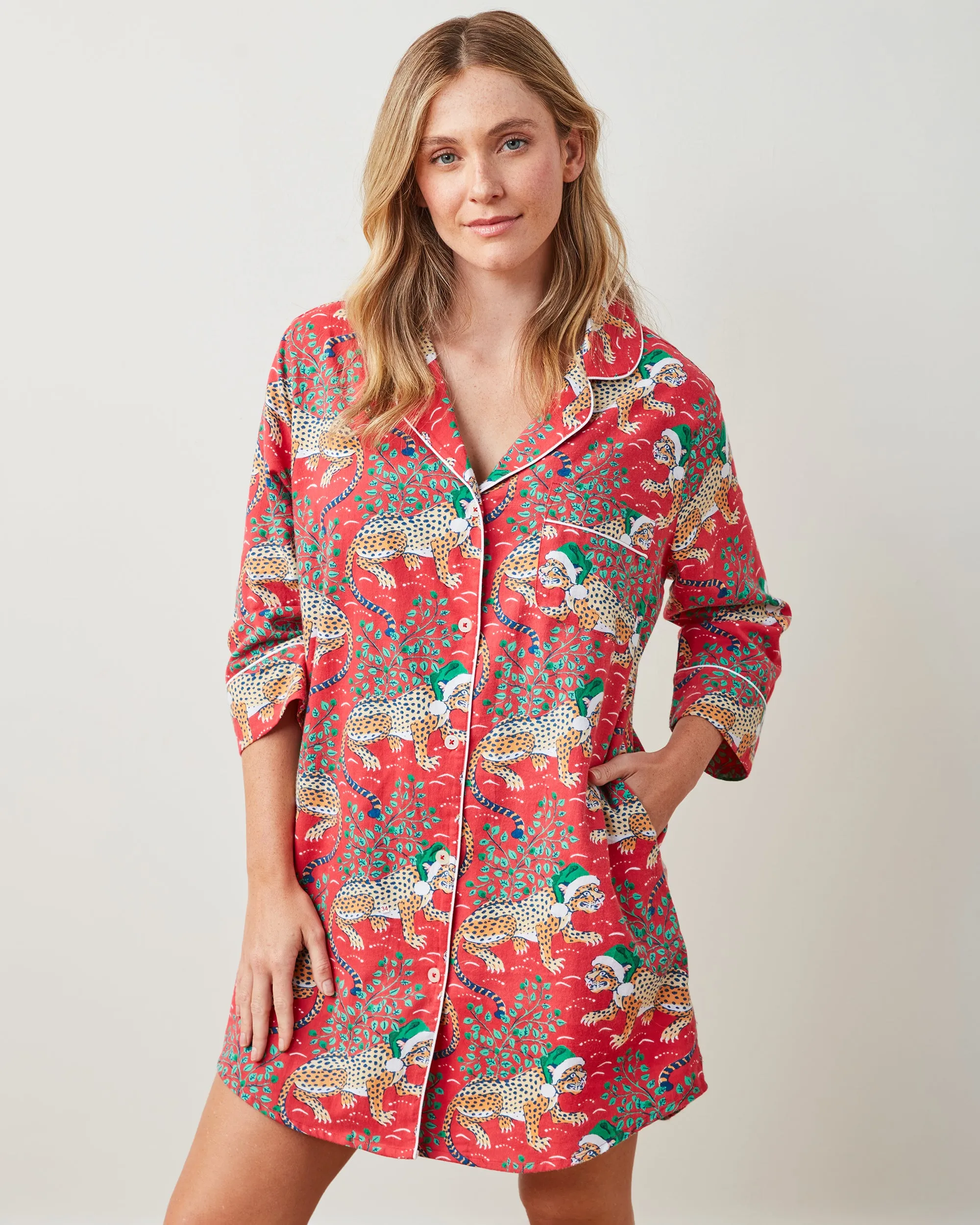 Holly Jolly Bagheera - Lightweight Flannel Sleep Shirt - Ruby