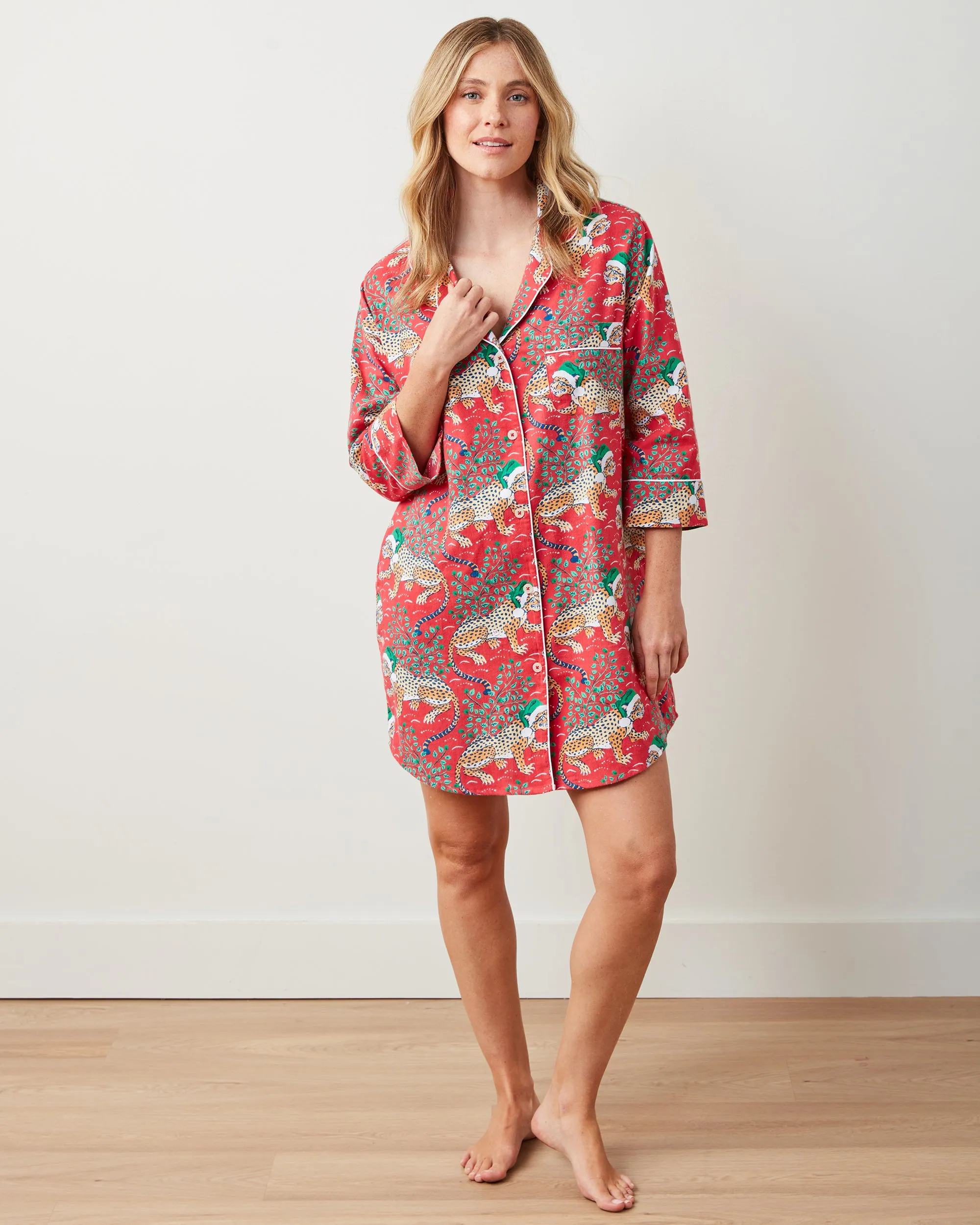 Holly Jolly Bagheera - Lightweight Flannel Sleep Shirt - Ruby
