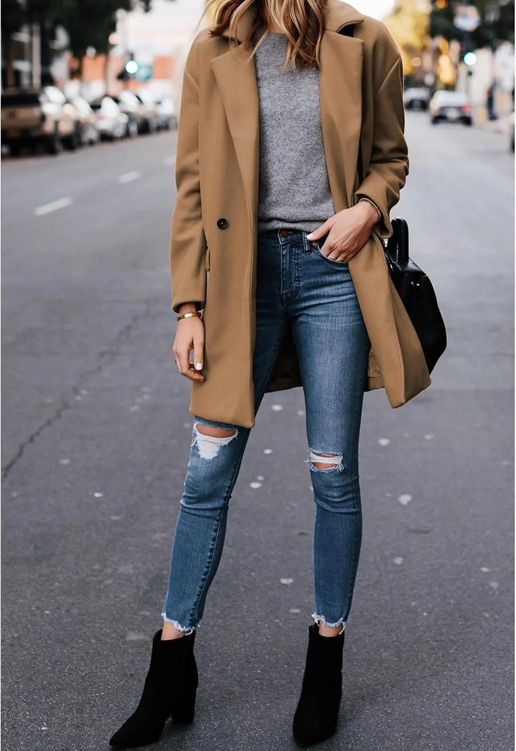 Hooever Women's Notched Lapel Wool Coat Single Breasted Pea Coats Winter Wool Blend Blazer Jacket