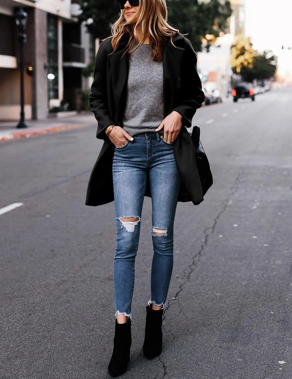 Hooever Women's Notched Lapel Wool Coat Single Breasted Pea Coats Winter Wool Blend Blazer Jacket