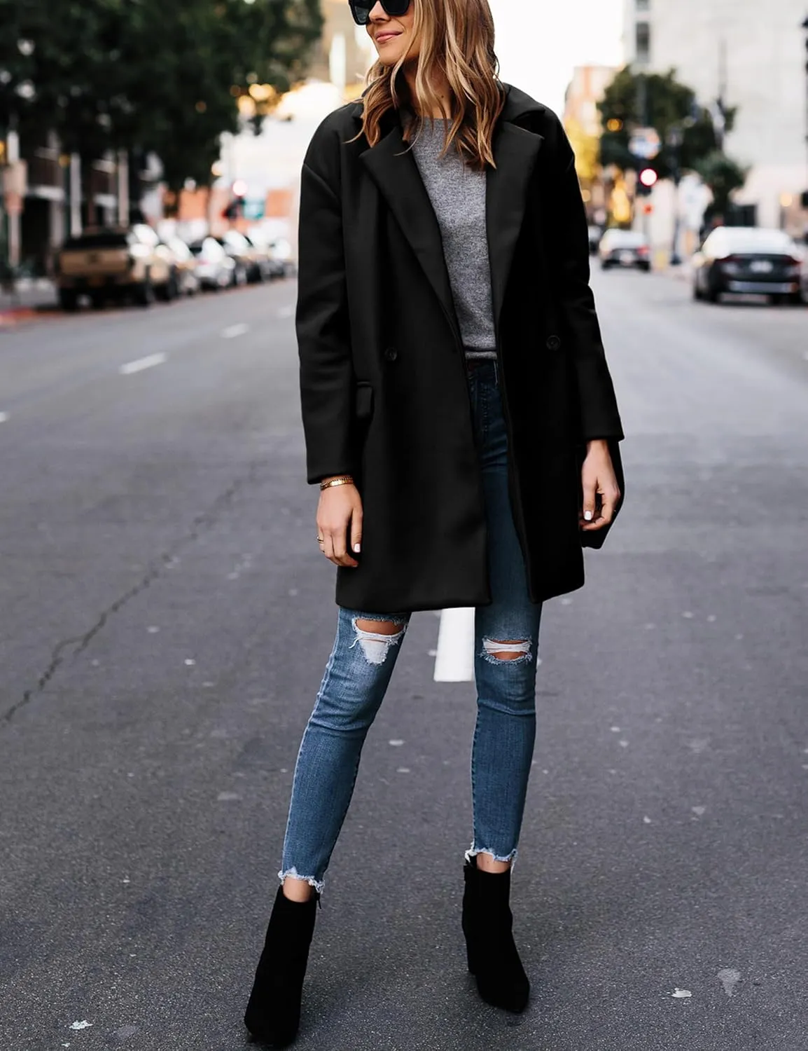 Hooever Women's Notched Lapel Wool Coat Single Breasted Pea Coats Winter Wool Blend Blazer Jacket