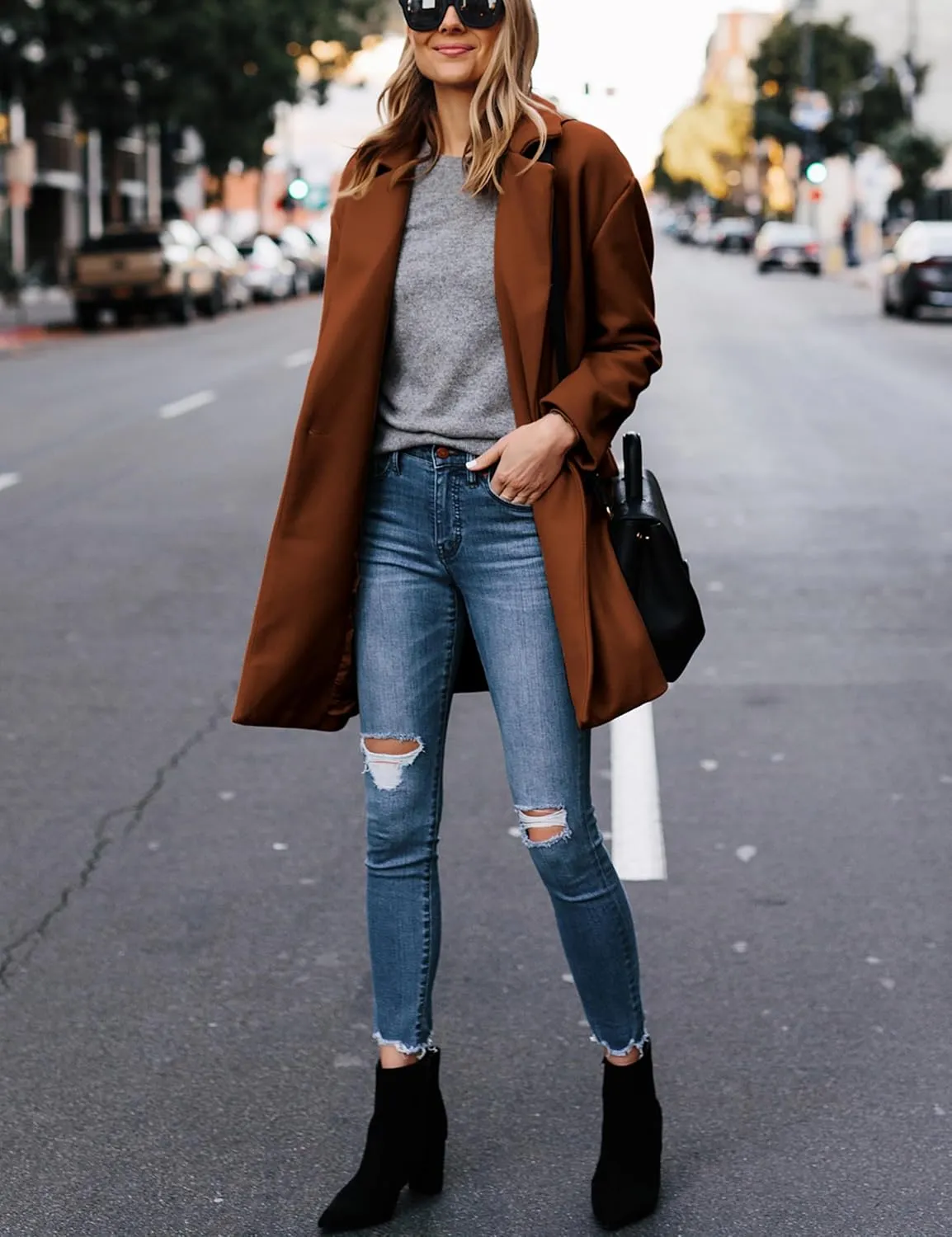 Hooever Women's Notched Lapel Wool Coat Single Breasted Pea Coats Winter Wool Blend Blazer Jacket