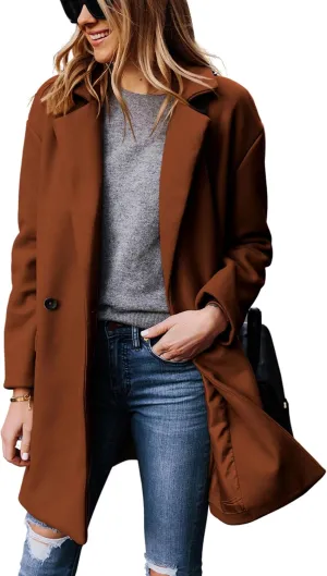 Hooever Women's Notched Lapel Wool Coat Single Breasted Pea Coats Winter Wool Blend Blazer Jacket