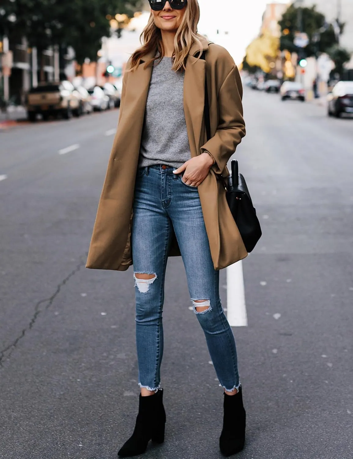 Hooever Women's Notched Lapel Wool Coat Single Breasted Pea Coats Winter Wool Blend Blazer Jacket