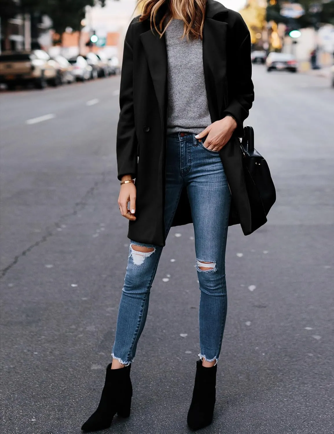 Hooever Women's Notched Lapel Wool Coat Single Breasted Pea Coats Winter Wool Blend Blazer Jacket