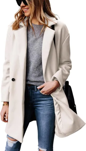 Hooever Women's Notched Lapel Wool Coat Single Breasted Pea Coats Winter Wool Blend Blazer Jacket