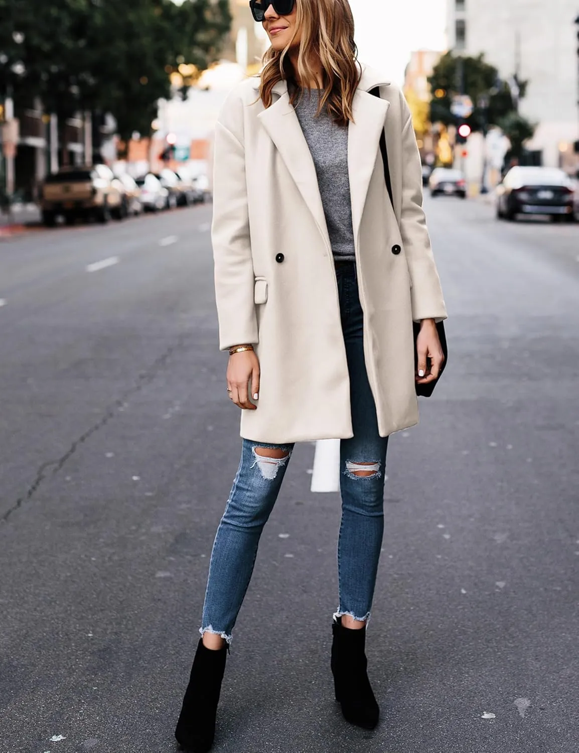 Hooever Women's Notched Lapel Wool Coat Single Breasted Pea Coats Winter Wool Blend Blazer Jacket