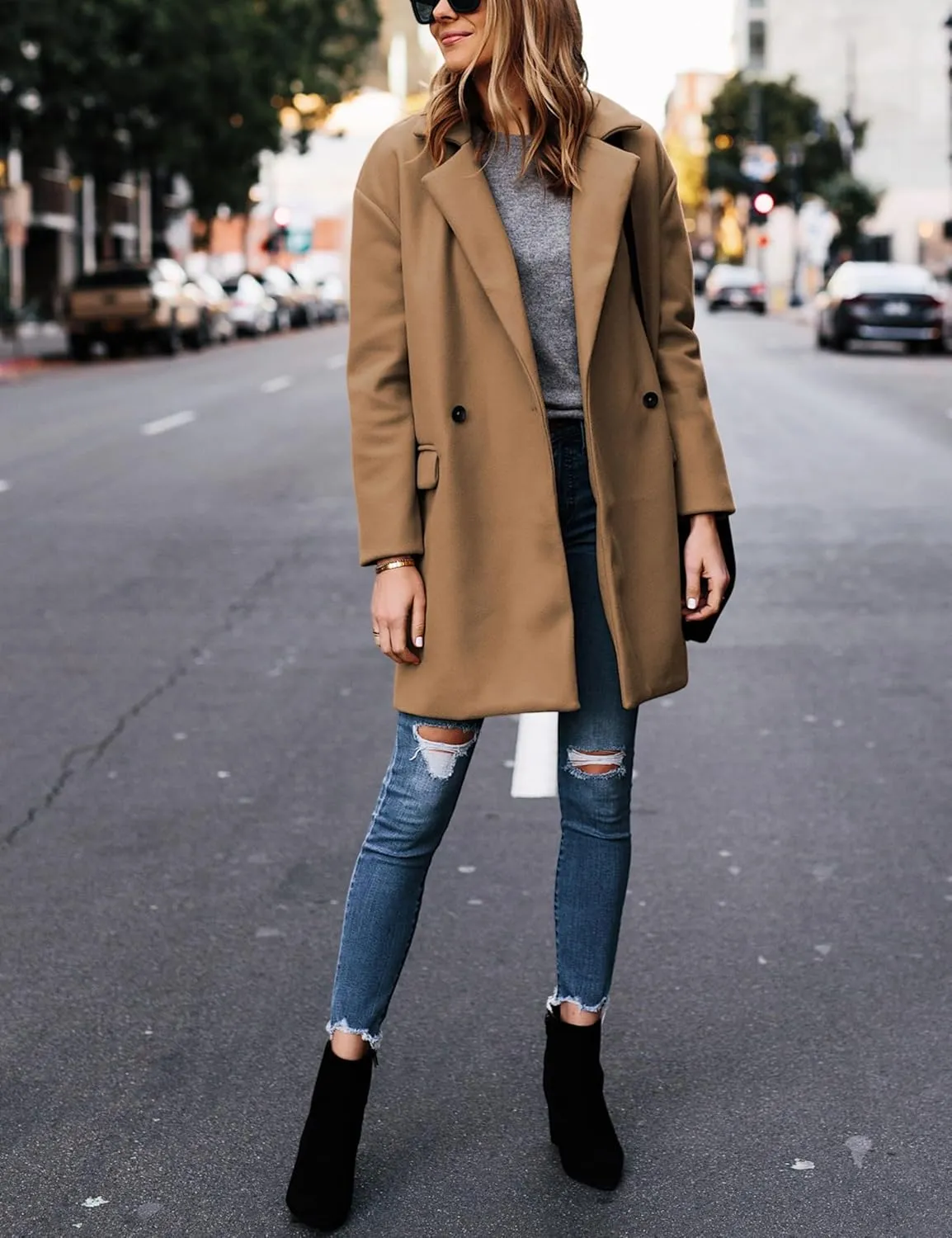 Hooever Women's Notched Lapel Wool Coat Single Breasted Pea Coats Winter Wool Blend Blazer Jacket