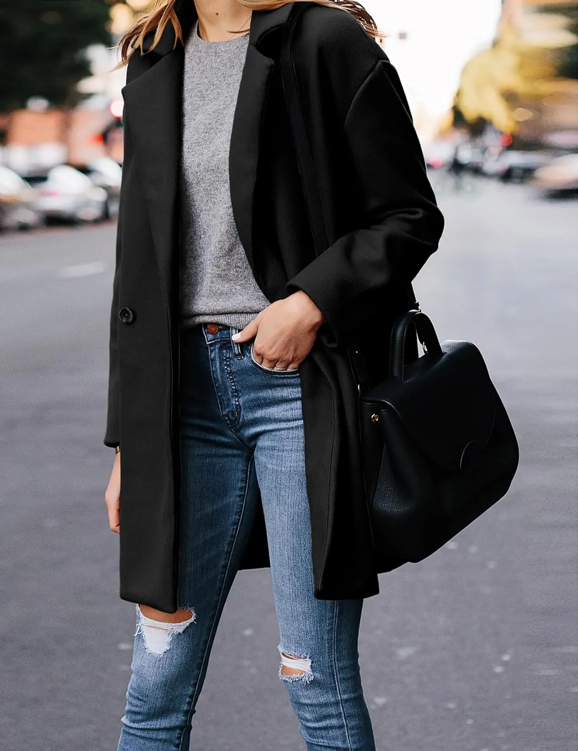 Hooever Women's Notched Lapel Wool Coat Single Breasted Pea Coats Winter Wool Blend Blazer Jacket