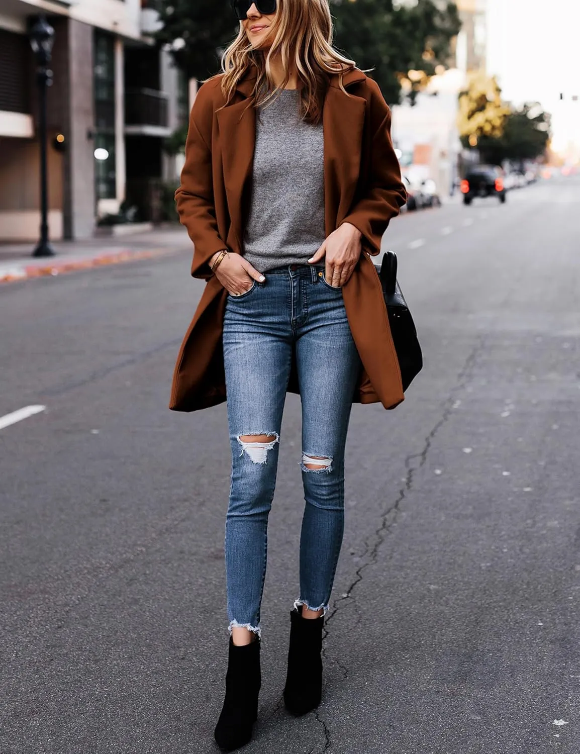 Hooever Women's Notched Lapel Wool Coat Single Breasted Pea Coats Winter Wool Blend Blazer Jacket