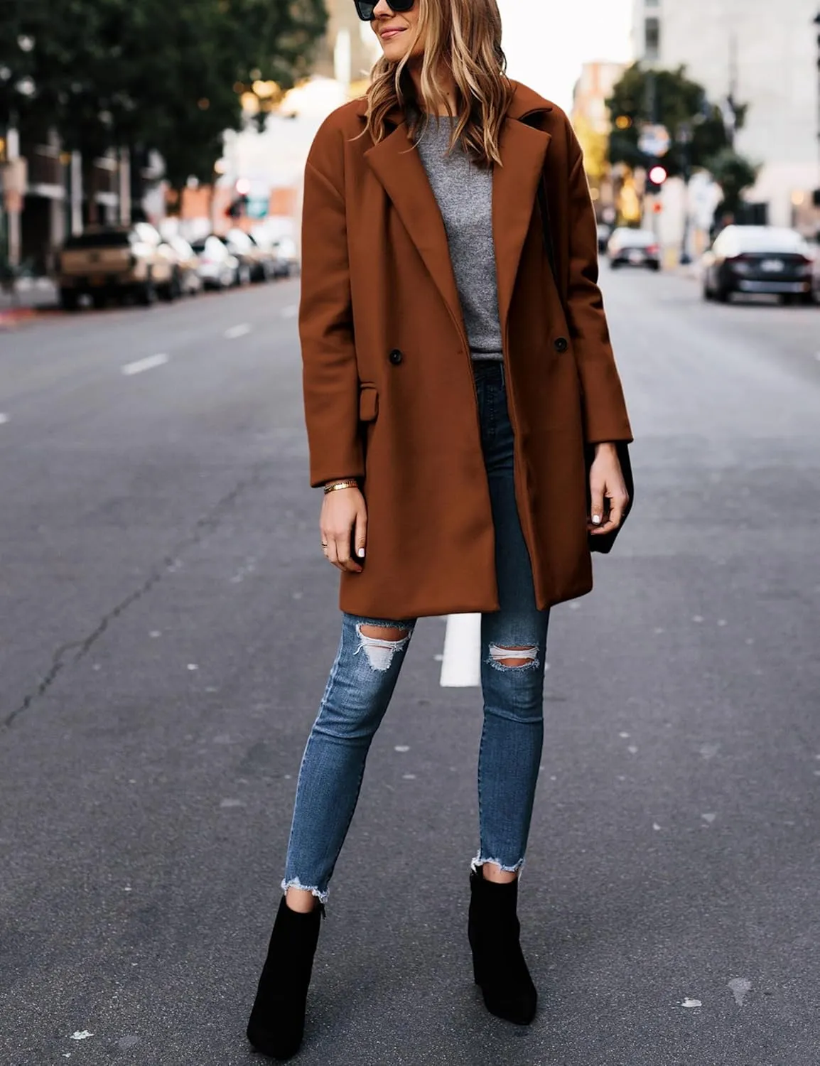 Hooever Women's Notched Lapel Wool Coat Single Breasted Pea Coats Winter Wool Blend Blazer Jacket