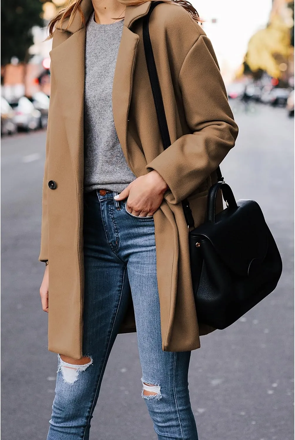 Hooever Women's Notched Lapel Wool Coat Single Breasted Pea Coats Winter Wool Blend Blazer Jacket