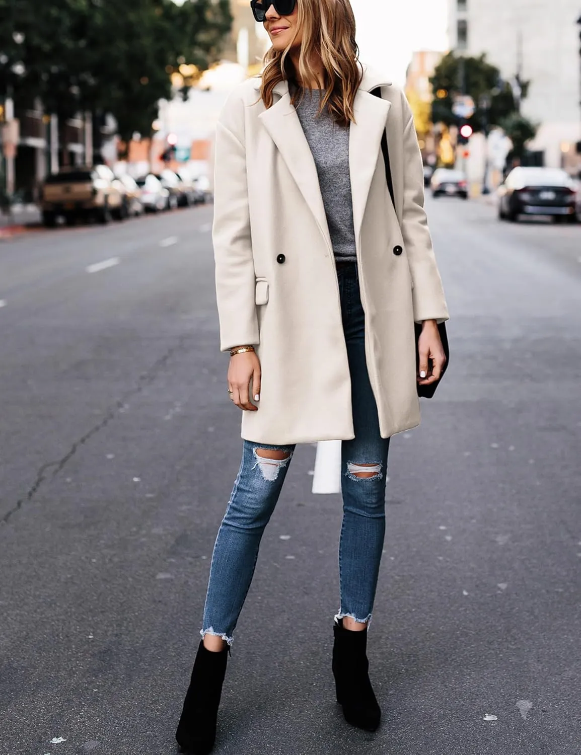 Hooever Women's Notched Lapel Wool Coat Single Breasted Pea Coats Winter Wool Blend Blazer Jacket