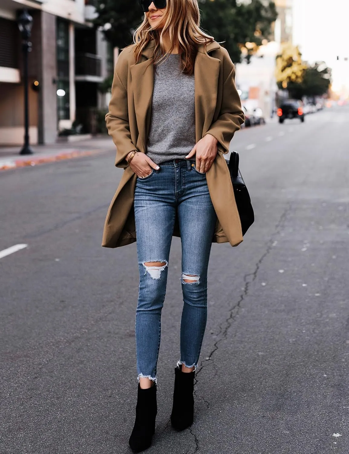 Hooever Women's Notched Lapel Wool Coat Single Breasted Pea Coats Winter Wool Blend Blazer Jacket