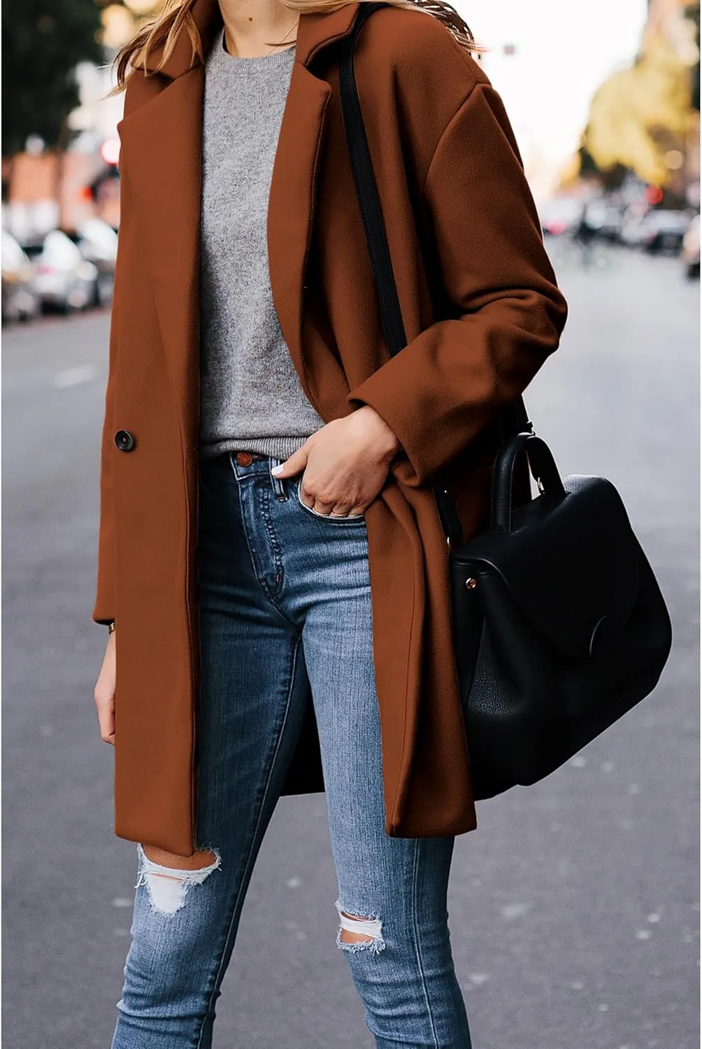 Hooever Women's Notched Lapel Wool Coat Single Breasted Pea Coats Winter Wool Blend Blazer Jacket