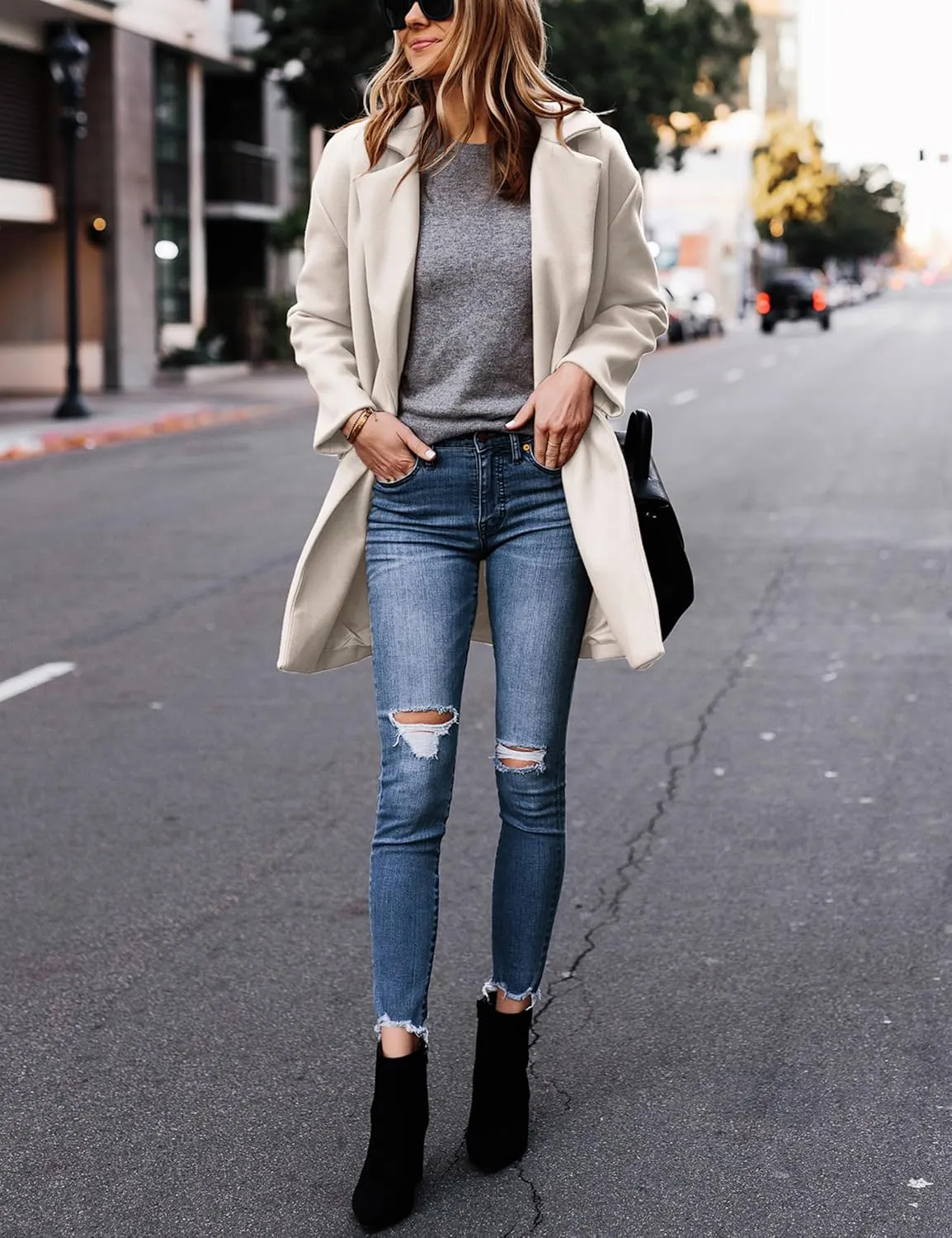Hooever Women's Notched Lapel Wool Coat Single Breasted Pea Coats Winter Wool Blend Blazer Jacket