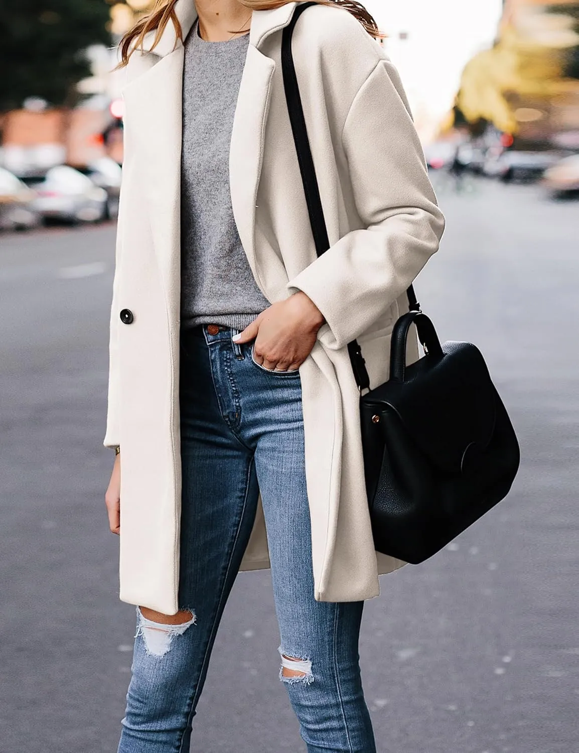 Hooever Women's Notched Lapel Wool Coat Single Breasted Pea Coats Winter Wool Blend Blazer Jacket