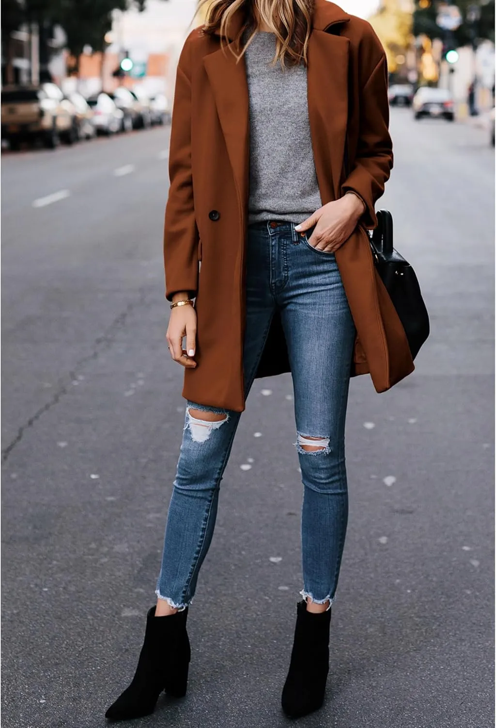 Hooever Women's Notched Lapel Wool Coat Single Breasted Pea Coats Winter Wool Blend Blazer Jacket