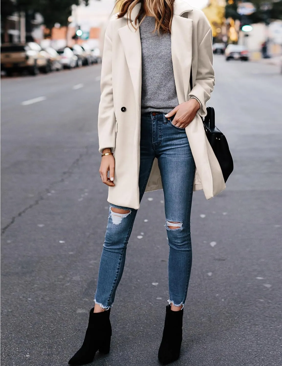 Hooever Women's Notched Lapel Wool Coat Single Breasted Pea Coats Winter Wool Blend Blazer Jacket