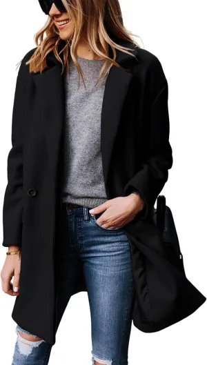 Hooever Women's Notched Lapel Wool Coat Single Breasted Pea Coats Winter Wool Blend Blazer Jacket