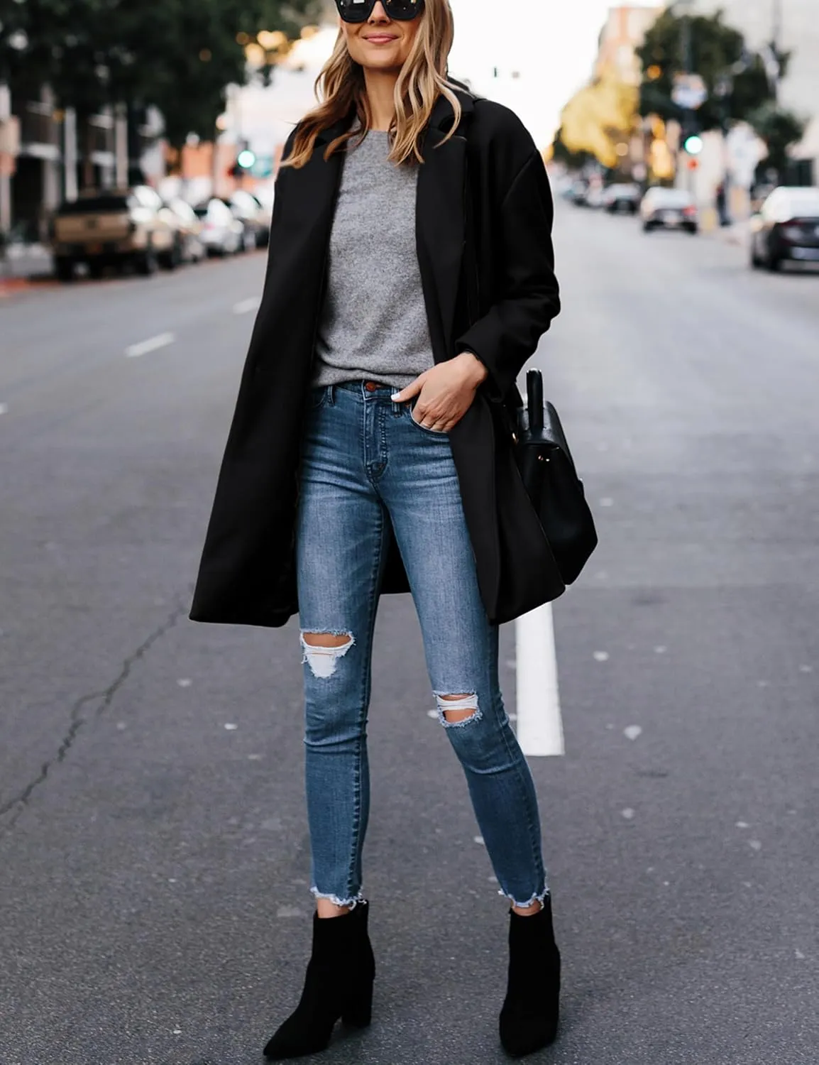 Hooever Women's Notched Lapel Wool Coat Single Breasted Pea Coats Winter Wool Blend Blazer Jacket
